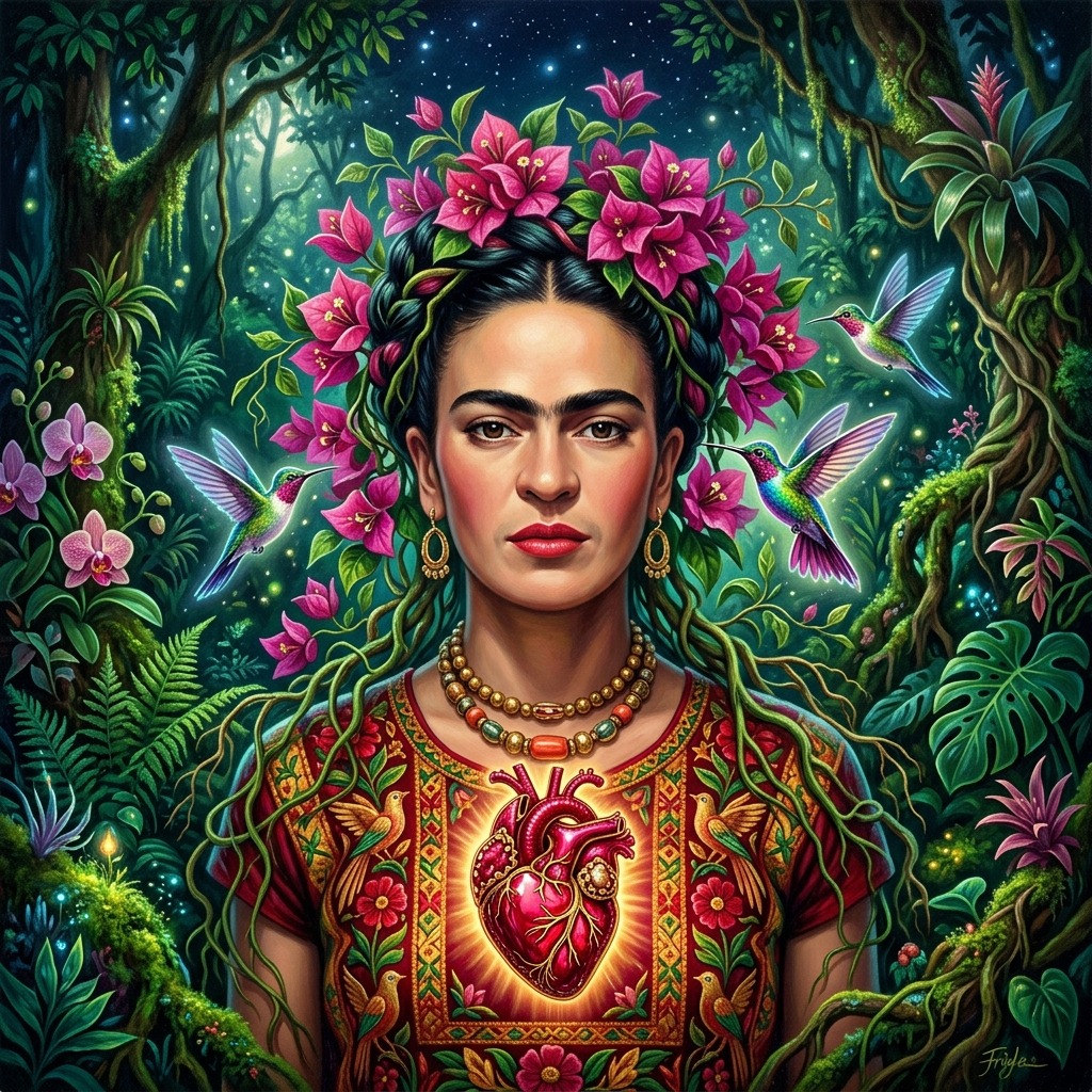 ADA Frida — Surréalisme Végétal & Cœur Sacré, racines vivantes et colibris