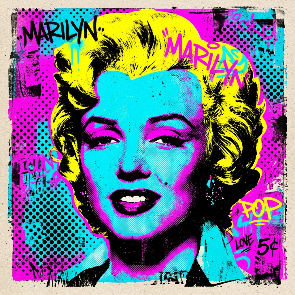 ADA Marilyn — Pop Art Sérigraphie Chromatique, trame Ben-Day et néons