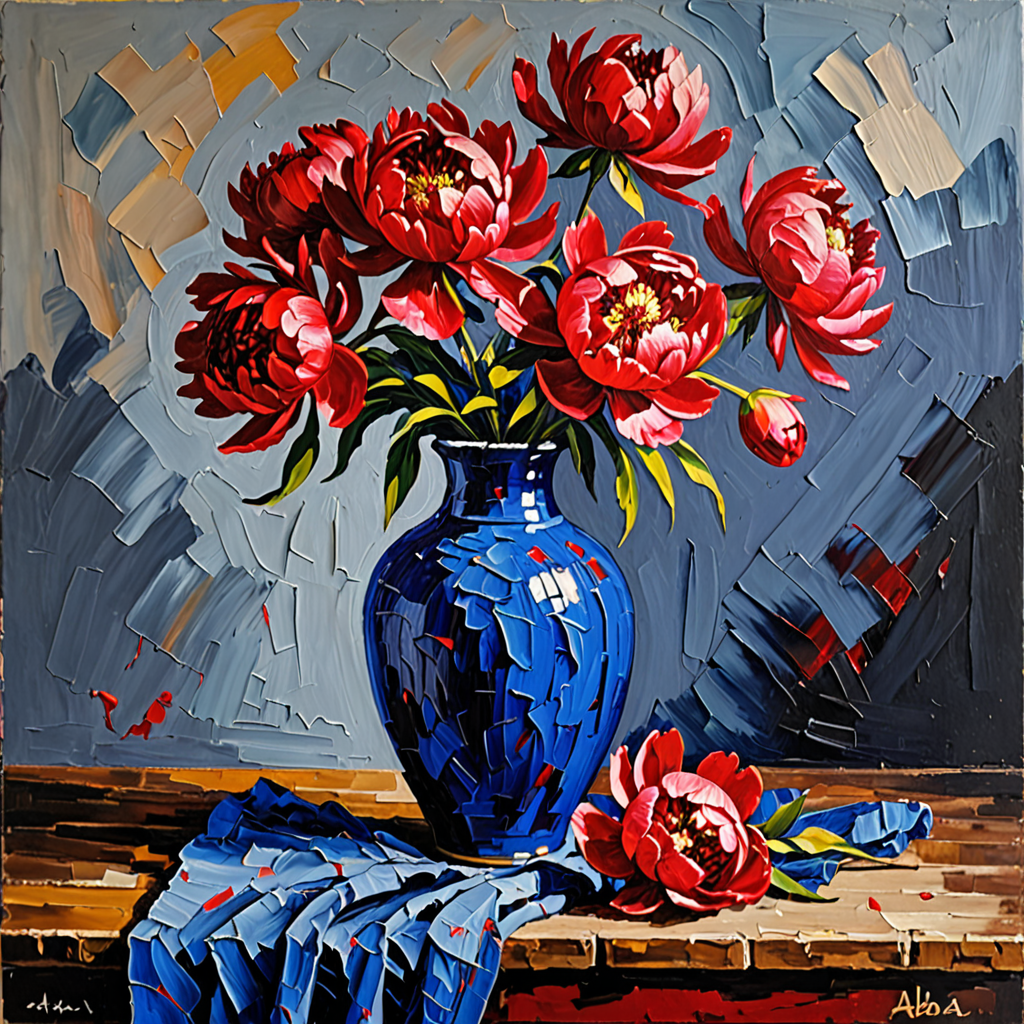 ADA Huile — Les Pivoines Rouges au Vase Bleu