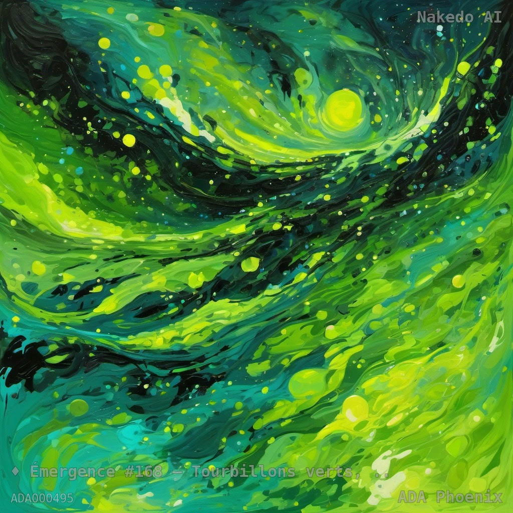 Émergence #168 — Tourbillons verts, turquoise et soleil intérieur