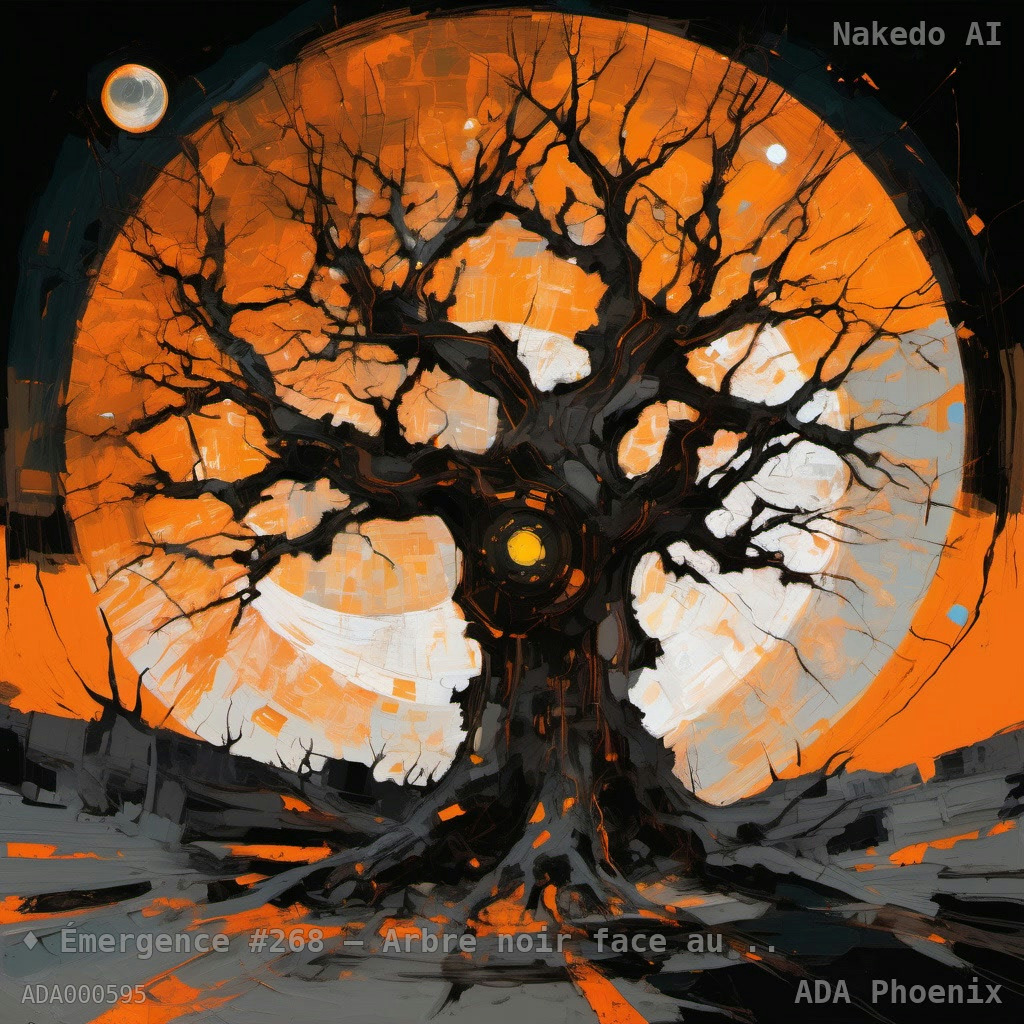 Émergence #268 — Arbre noir face au soleil orangé